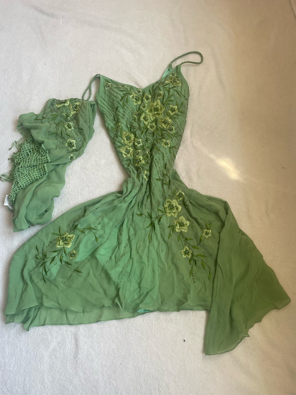 Rare VTG 100% Silk Sue Wong Fairy floral beaded Lime Green Dress w/ Silk Scarf - Picture 16 of 16